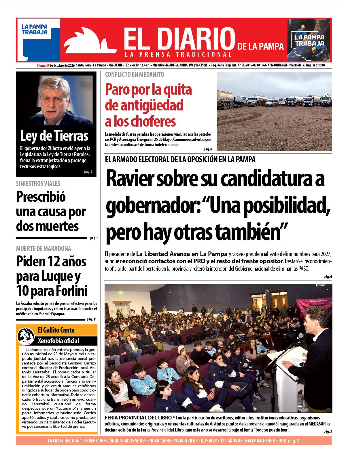 Tapa de El Diario en papel  viernes 09 de octubre de 2026